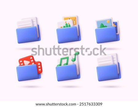 Set of 3d documents folders for management multimedia file: video, graphics, music, images. 3D Vector Illustrations.