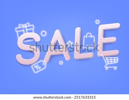 3d sale banner. Illustration of large SALE word with shopping cart, gift boxes in neon style. 3D Vector Illustrations.