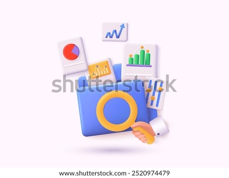 Folder full of diagram and arrows. Hand holding magnifying glass. Success. Financial Item, Business Investment, Financial Market. 3D Web Vector Illustrations.