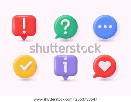 3d icon set of check mark, information icon, chat, heart, question mark, exclamation point, FAQ sign. Tick, question, information and answers mark. Help symbol. 3D Web Vector Illustrations.