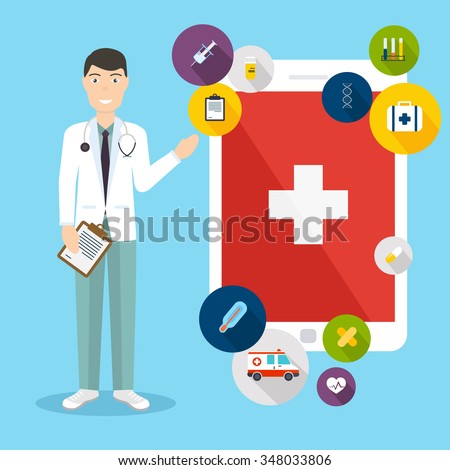 Online medical consultation concept. Vector modern creative flat design  with medical assistance and doctor. Vector illustration.