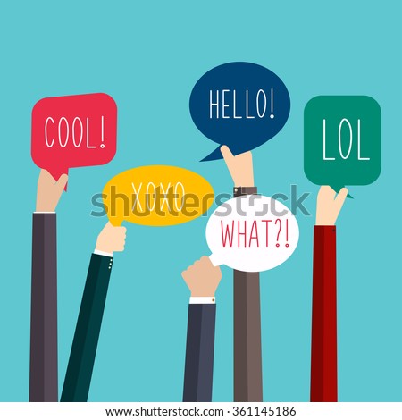 Concept of teamwork and integration with businessman holding colorful Speech Bubbles. Hands with Social Media Words. Vector illustration.