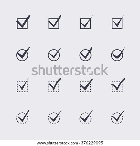Set of nine different grey and white vector check marks or ticks in boxes conceptual of confirmation acceptance positive passed voting agreement true or completion of tasks on a list