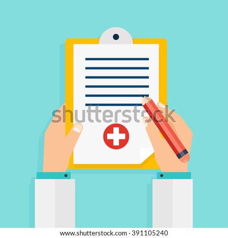  Hand holding clipboard with checklist and pen for medical report, presentation, web page banner. Vector modern creative flat design. Vector illustration.