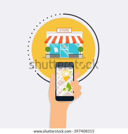 Hand holding mobile smart phone with application search store. Find closest on city map. Flat design style modern vector illustration concept.