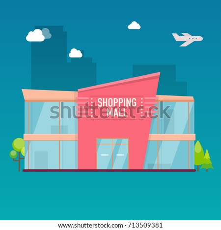 Shopping mall building exterior. Flat design style modern vector illustration concept.