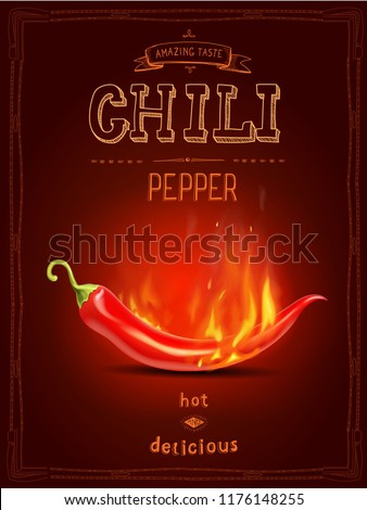 Chili red pepper in fire hot sauce poster or logo