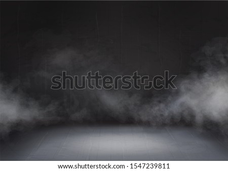 Gray cloud and smoke in the dark room. Mist effect stage. Transparent fog on black background abstract realistic decoration