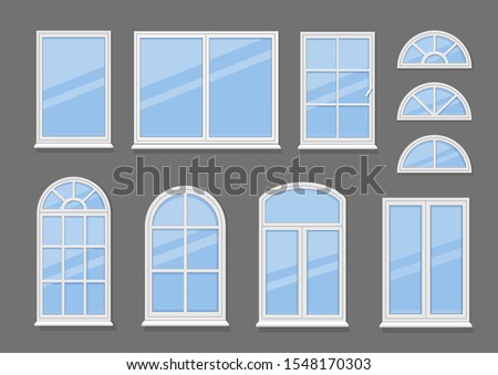 Windows with white frames set vector illustration. Various types plastic windows collection. Interior and exterior elements
