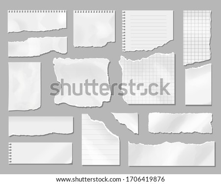 Paper different scraps set, Ripped page piece. Realistic torn note paper page, Vector illustration