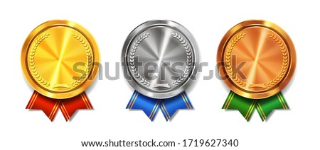Gold, silver and bronze medals realistic set with ribbons. Winner awards symbols.