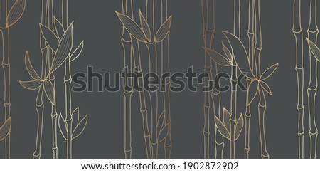 Bamboo luxury gold line design on dark background. Gold bamboo trees walpaper for wall arts, fabric, prints. Japanese pattern vector.