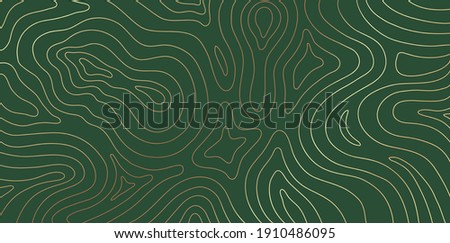 Abstract gold topographic lines on a green background. Golden line waves topographical design. Geographic mountain contours Vector Illustration.