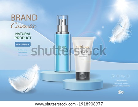 Cosmetic tube with moisturizing cream on vector blue shining background. Premium templates for ads, realistic translucent bottle and white tube and feather.