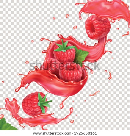Raspberry transparent juice liquid splash. Raspberry fruit realistic icons for fresh drink product package design. Forest berry sweet food.