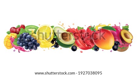 Juice splashes of fruit and berries mix. Orange, mango, raspberry, avocado, plum, grapes, cranberries, black currant mixed juice. 3d vector realistic set