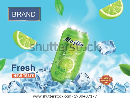 Lime juice drink advertising. Refreshing mojito ads aluminium can in ice cubes on snow mountains background. Vector mojito cocktail in ice cubes.