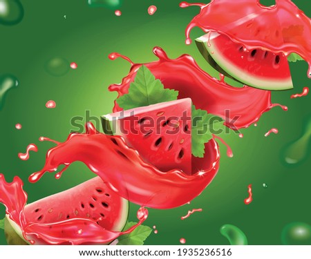Watermelon juice on green background. Fresh watermelon fruit slices. 3d realistic vector.
