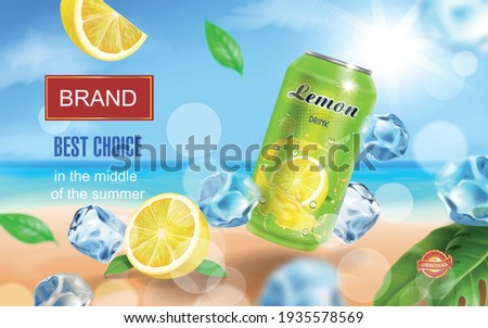 Lemon drink aluminium can with ice cubes on ocean beach. Lemon slice and tropical leaf. Realistic. Vector,