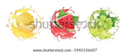 Fresh fruits juice set. Melon, watermelon and white grape realistic vector.