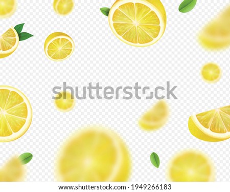 Fresh lemon fruit with green leaves. Falling lemon slices Motion blur on transparent background. Vector illustration.
