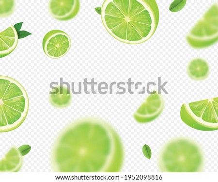 Falling lime fruit. Green slices of realistic lime, blurred motion on transparent background. Citrus fruits vector 3d illustration.