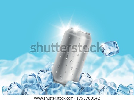 Aluminum Tin Can with ice cubes on blue background. Blank metallic can drink beer soda water juice packaging empty mock up.