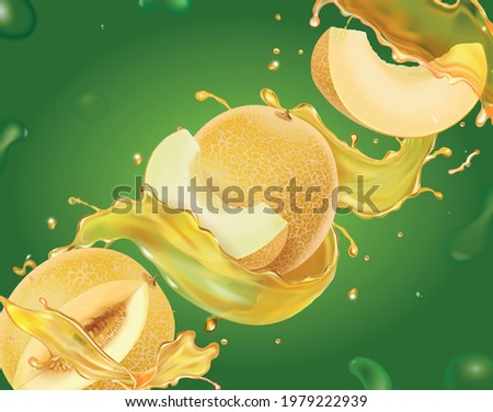Melon slices. Yellow honey mellon juice splash on green background.