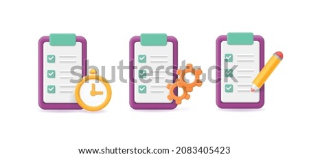 Clipboard with gear, Check list with clock icon, Clipboard task and pencil. Project management, time planning vector 3d.