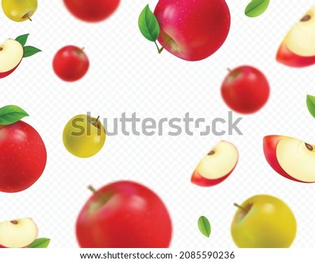 Flying colorful apples. Advertising background falling red apples realistic with blurred effect. 3d vector