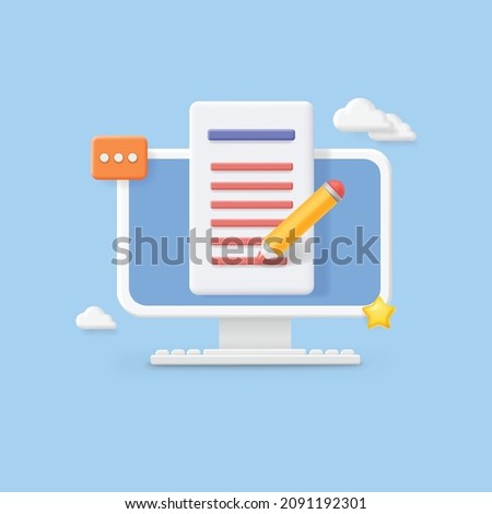 Writing text content. Monitor computer with text file editing concept. Screen, document, pencil, copywriting 3d icon.