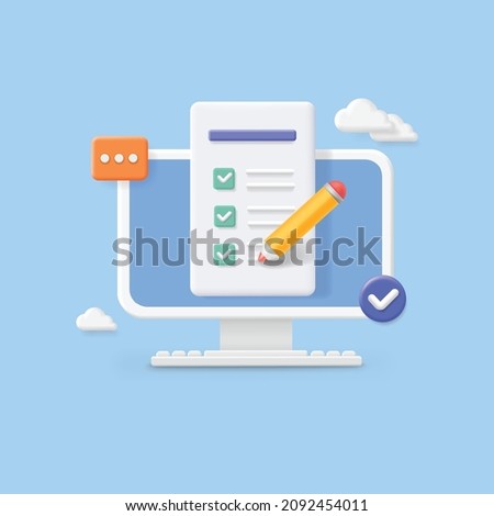 Computer and checklist, pc monitor with paper document and to do list with checkboxes, questionnaire report on screen vector 3d concept.