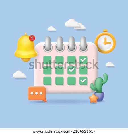 Reminder 3D concept, Notifications icon, calendar, clock. Business plannin, alarm sign, event date message. Vector Illustration.