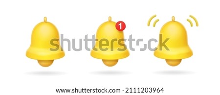 Notification bell icons. Yellow golden alert bell. ringing bell 3d reminder vector.