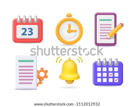 Project management and time administration, planning business documents 3d icons. Organization, working. Clock, calendar, document, bell, gear.