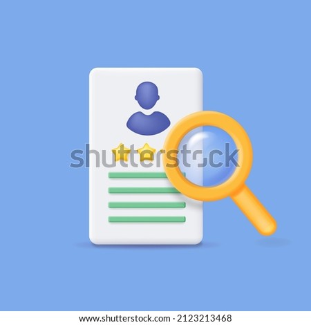 3D CV card. Searching employer. Head hunting icon, digital interview resume checklist on clipboard, magnifier glass. Worker HR search concept