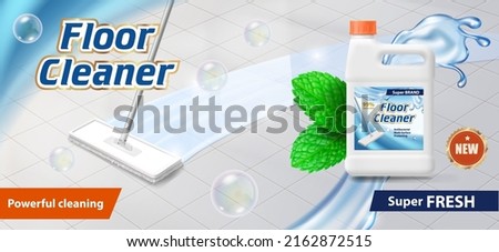 Floor cleaner advertising. Bottle package and mop on shiny white tile floor. Fresh mint household product ad.
