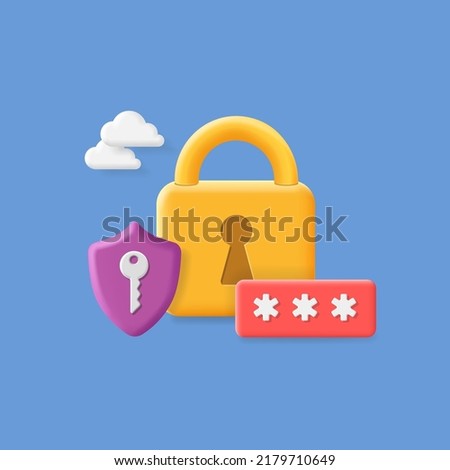 Shield, padlock and password icons. 3d style. pin code, ciber security, protection concept vector.