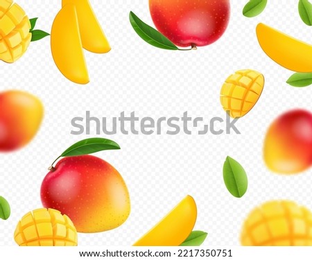 Mango falling background. Tropical realistic fruit with blur effect. Defocused mango slices and leaves.