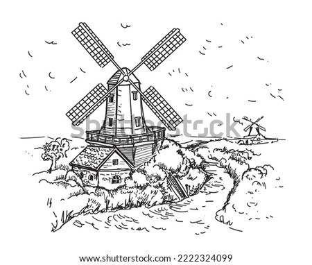 Mill in rural landscape, hand drawn bakery Flour mill graphic. Vector