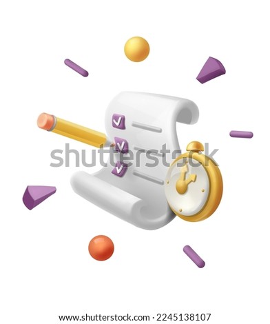 3d scroll to do list and pencil. Check list and clock. Planning project. vector illustration