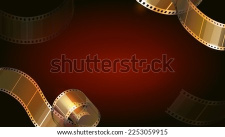 Film strips on festival banner. Cinema or movie award ceremony background. Golden film reel roll. Vector illustration.