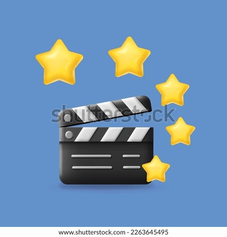 Film or movie cinematography rating. Video content review or feedback. Rate stars with film clapper board, 3d vector