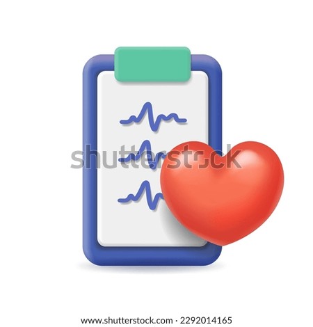 Heart pulse. Cardiogram on clipbord. Heartbeat document and red heart 3d icon. Heart pulse measuring. Vector illustration.