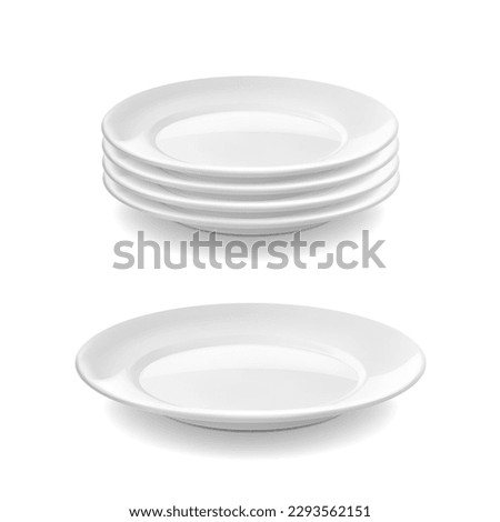 Pile of clean white plates. Porcelain dish plate stack vector realistic 3d