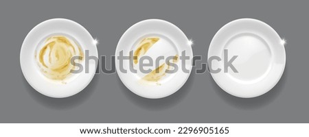 Clean and dirty realistic plates, cleaning dishes, before and after top view white bowls. 3d vector