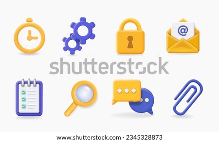 Universal icons. Clock, gear, lock, paper clip, envelope email, paper clip. 3d vector icon set