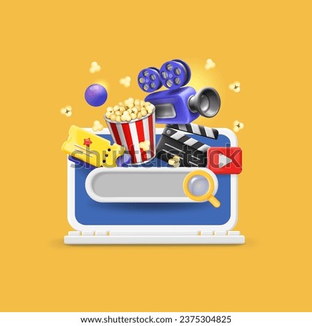 Online cinema movie concept. Searching films on laptop. Popcorn, film clapper, camera. Site with film catalog. 3d vector