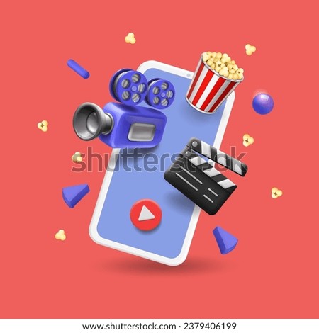 Live streaming. Creating video content with smartphone, movie camera, popcorn box, clapper board. Entertainment media. 3d vector illustration