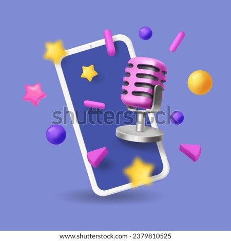 Audio recording screen. Creating music on smartphone. audio blog podcast concept. Mobile phone with audio production app. 3d vector